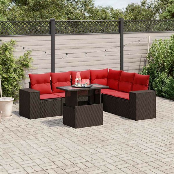 VidaXL 7 db barna polyrattan kerti kanapégarnitúra párnákkal