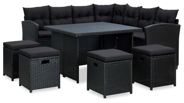 6 részes fekete polyrattan kerti bútorszett párnákkal