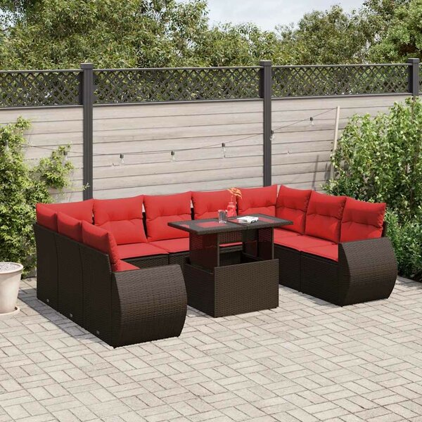 VidaXL 10 db barna polyrattan kerti kanapégarnitúra párnákkal