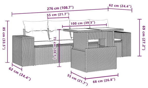 VidaXL 5 db barna polyrattan kerti kanapégarnitúra párnákkal