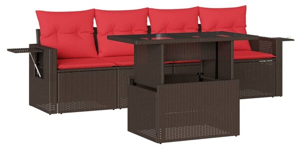 VidaXL 5 db barna polyrattan kerti kanapégarnitúra párnákkal