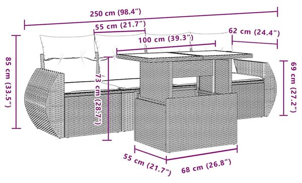 VidaXL 5 db barna polyrattan kerti kanapégarnitúra párnákkal