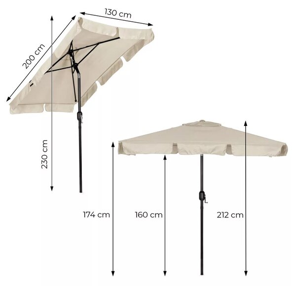 Kerti napernyő, MultiGarden SL-UM019-3, bézs, téglalap alakú, 200 x 130 cm, magasság: 212 cm, tekerőkarral, 38 mm acél rúd, 4 szegmens, dönthető, UV-álló, esőálló, 160 g/m2