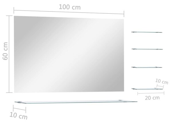 Ezüstszínű falitükör 5 polccal 100 x 60 cm
