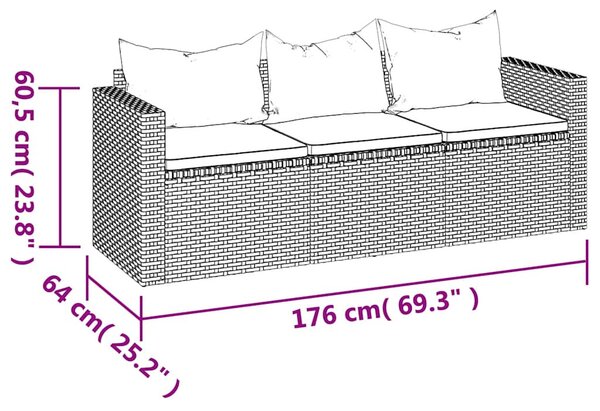 Fekete 3 személyes polyrattan kerti kanapé párnákkal