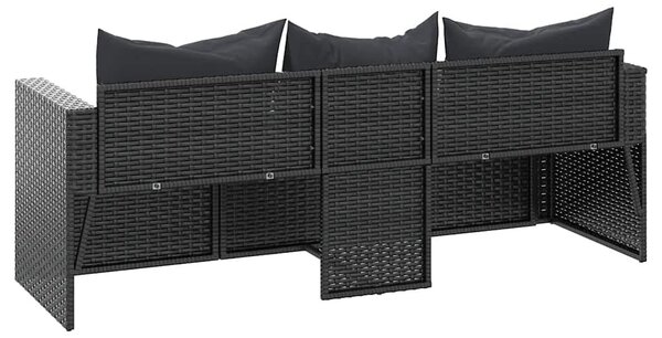 Fekete 3 személyes polyrattan kerti kanapé párnákkal