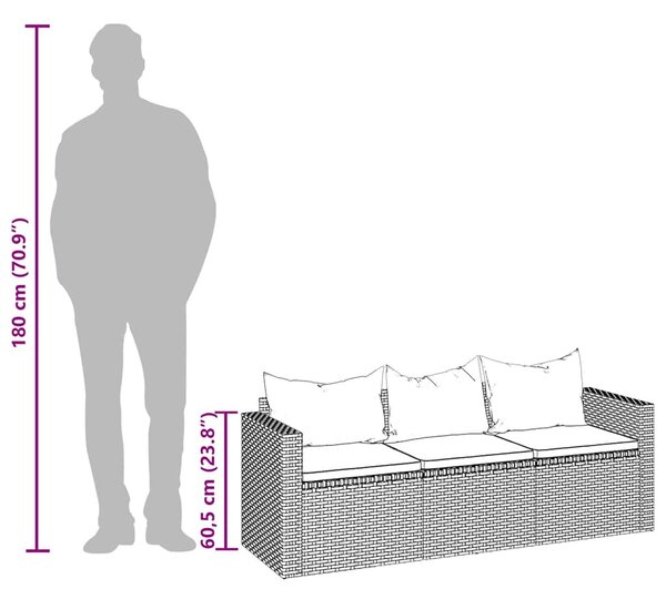 Fekete 3 személyes polyrattan kerti kanapé párnákkal