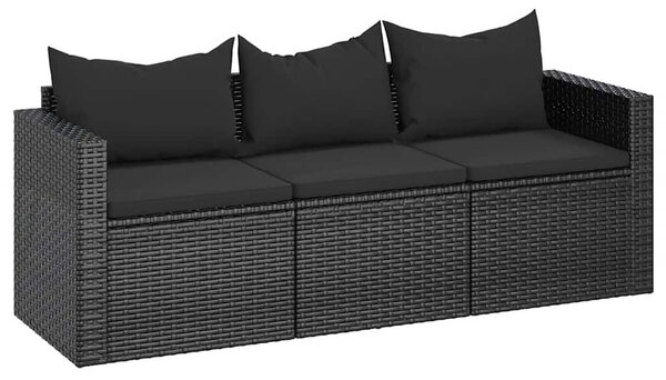 Fekete 3 személyes polyrattan kerti kanapé párnákkal