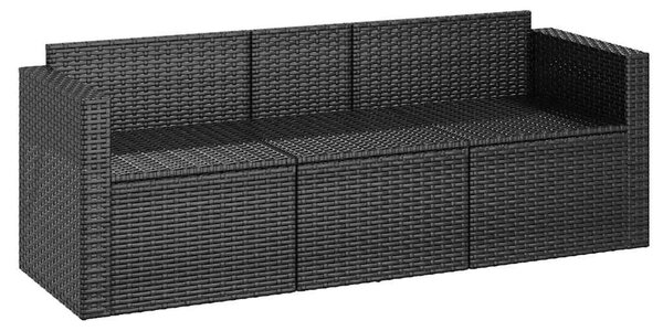Fekete 3 személyes polyrattan kerti kanapé párnákkal