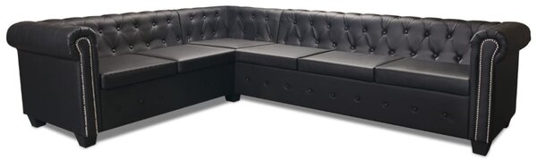 6 személyes fekete műbőr Chesterfield sarok kanapé