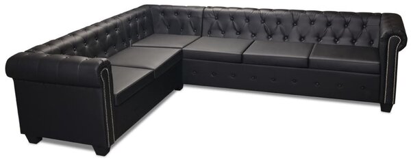 6 személyes fekete műbőr Chesterfield sarok kanapé