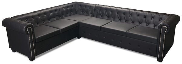 6 személyes fekete műbőr Chesterfield sarok kanapé