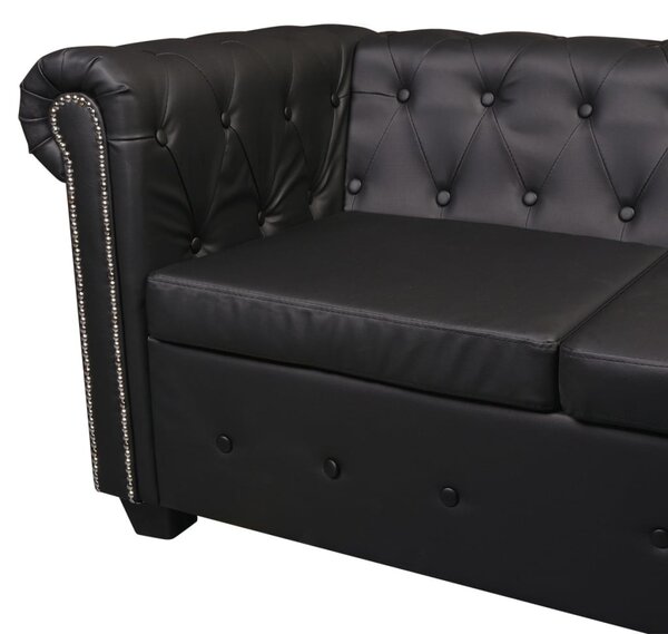 6 személyes fekete műbőr Chesterfield sarok kanapé