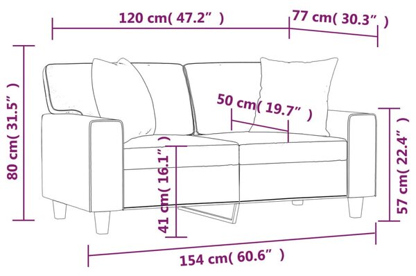 2 személyes fekete műbőr kanapé díszpárnákkal 120 cm