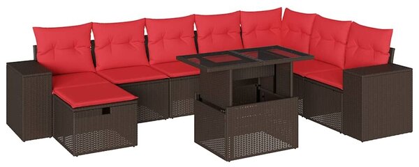 VidaXL 9 db barna polyrattan kerti kanapégarnitúra párnákkal