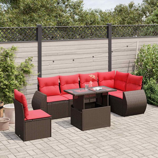 VidaXL 7 db barna polyrattan kerti kanapégarnitúra párnákkal