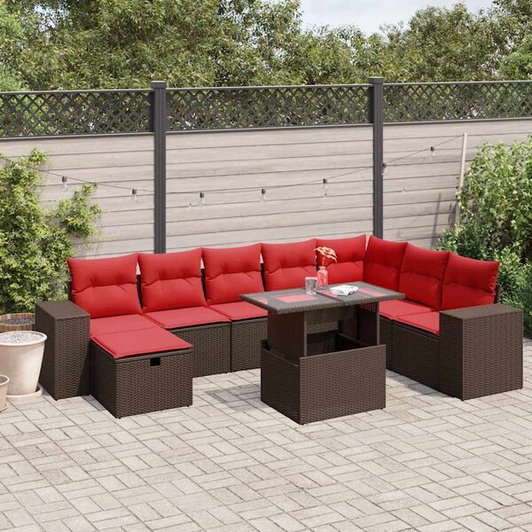 VidaXL 9 db barna polyrattan kerti kanapégarnitúra párnákkal