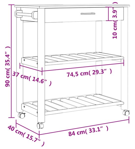 MONZA tömör fenyőfa konyhai kocsi 84 x 40 x 88,5 cm