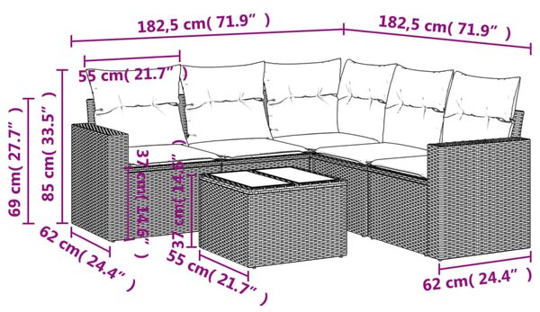 6 részes fekete polyrattan kerti ülőgarnitúra párnákkal