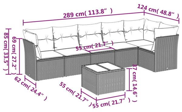7 részes fekete polyrattan kerti ülőgarnitúra párnával