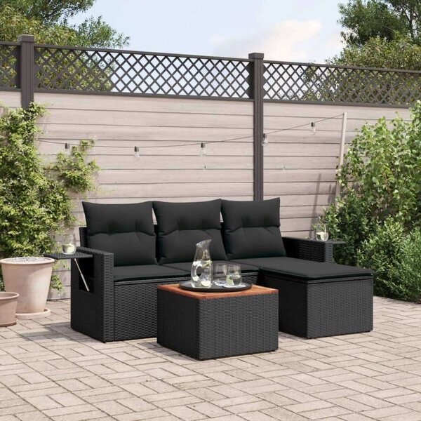 VidaXL 5 részes fekete polyrattan kerti kanapészett párnákkal