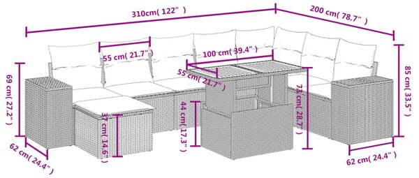 9 részes bézs polyrattan kerti ülőgarnitúra párnákkal