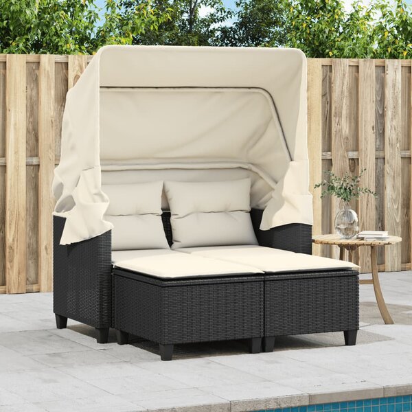 2 személyes fekete polyrattan kerti kanapé baldachinnal/székkel