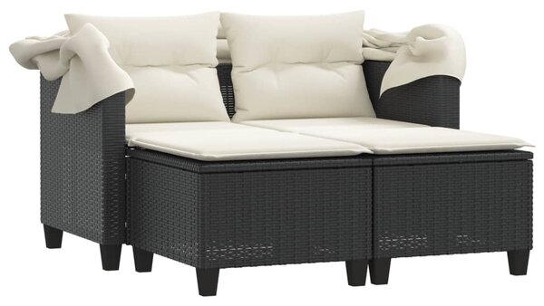 2 személyes fekete polyrattan kerti kanapé baldachinnal/székkel