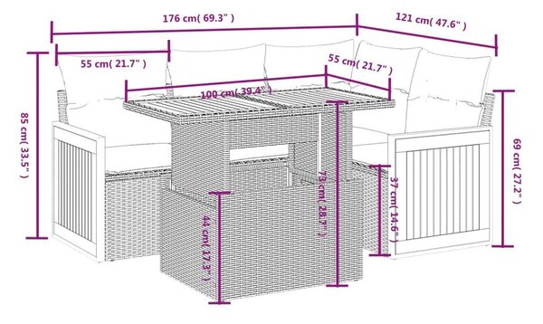 VidaXL 5 részes fekete polyrattan kerti kanapészett párnákkal
