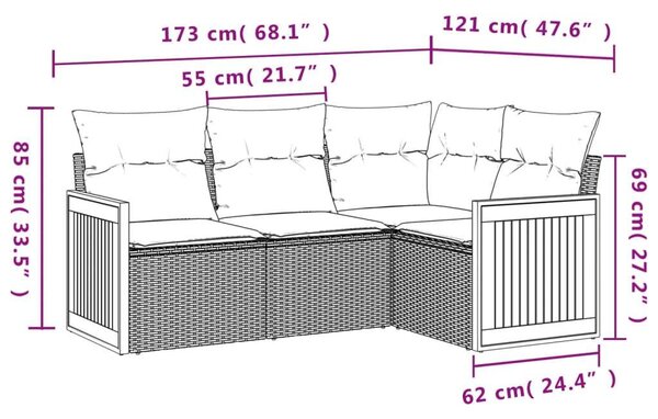 VidaXL 4 részes fekete polyrattan kerti ülőgarnitúra párnákkal
