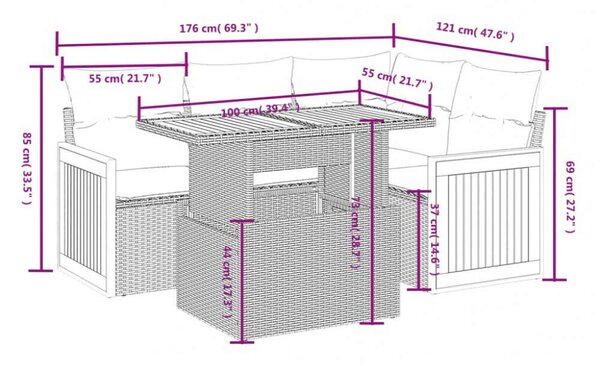 VidaXL 5 részes fekete polyrattan kerti kanapészett párnákkal