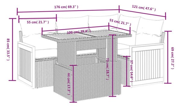 VidaXL 5 részes fekete polyrattan kerti kanapészett párnákkal