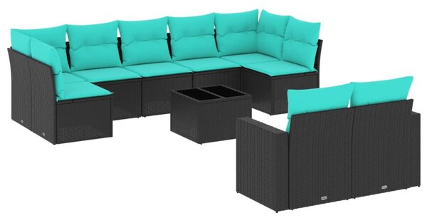 10 részes fekete polyrattan kerti ülőgarnitúra párnával