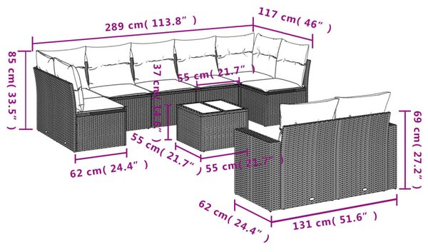 10 részes fekete polyrattan kerti ülőgarnitúra párnákkal