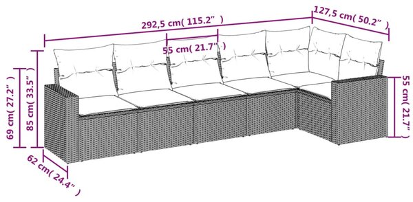 6 részes világosszürke polyrattan kerti ülőgarnitúra párnákkal