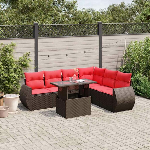 VidaXL 7 db barna polyrattan kerti kanapégarnitúra párnákkal