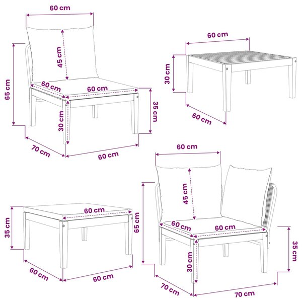 VidaXL 5 pcs Kerti Lounge Szett Párnákkal Tömör akáciafa és kötél