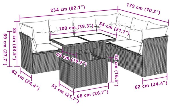 VidaXL 7 db barna polyrattan kerti kanapégarnitúra párnákkal