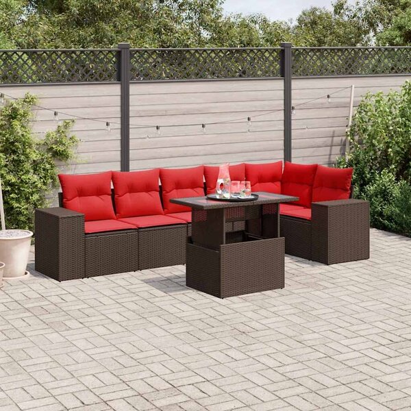 VidaXL 7 db barna polyrattan kerti kanapégarnitúra párnákkal