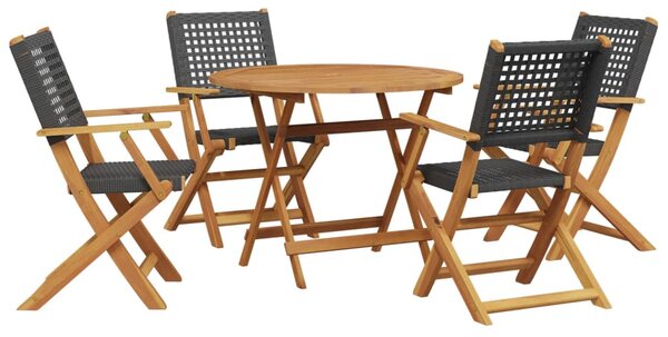 5 részes fekete polyrattan és tömör fa kerti étkezőgarnitúra