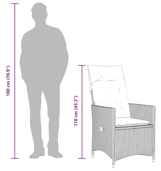 Fekete polyrattan dönthető kerti szék párnával