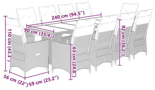 11 részes bézs polyrattan kerti bisztrógarnitúra párnákkal