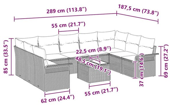 VidaXL Kerti Kanapé Szett párnával 10 pcs Bézs polirattan