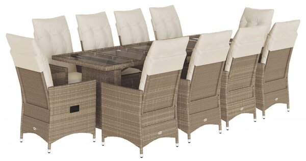 11 részes bézs polyrattan kerti bisztrógarnitúra párnákkal