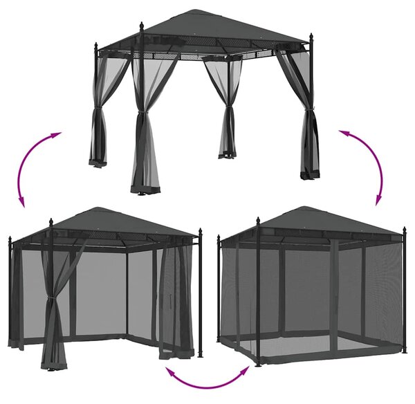 Antracitszürke acél pavilon hálós oldalakkal 2,93 x 2,93 m