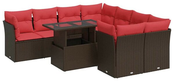9 részes barna polyrattan akácfa kerti ülőgarnitúra párnákkal