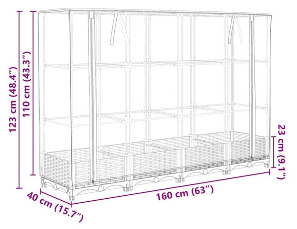 Rattan hatású magaságyás üvegháztakaróval 160 x 40 x 123 cm