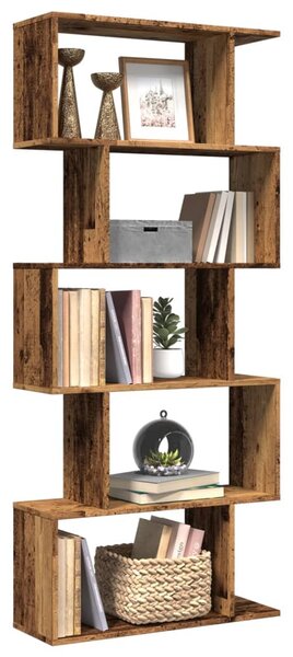 5 szintes antik fa színű fa elválasztó könyvespolc 70x24x161 cm