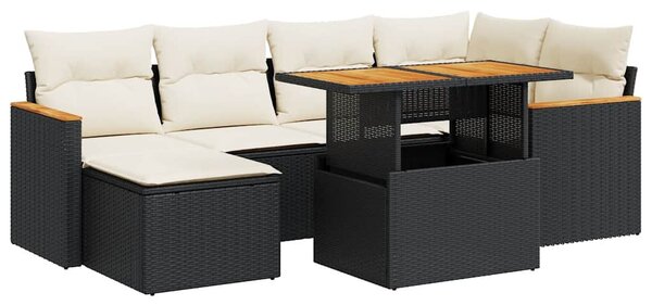 7 részes fekete polyrattan akácfa kerti ülőgarnitúra párnával