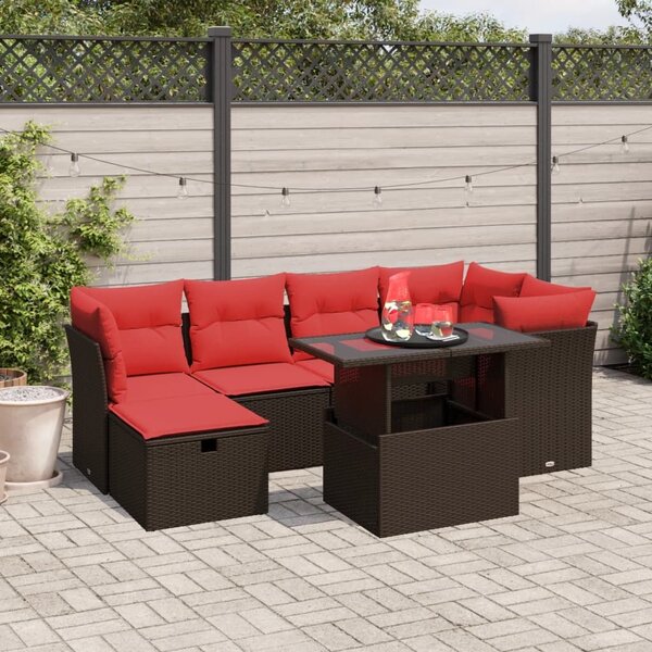 VidaXL 7 db barna polyrattan kerti kanapégarnitúra párnákkal